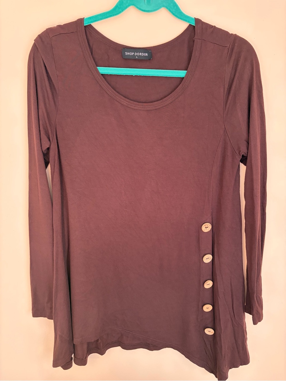 Women's large Brown Long-Sleeve Tunic with Faux Wood Buttons
